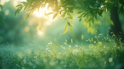 Poster - Blurred photogreen tree background View of the wild grass lawn Light sky : Generative AI