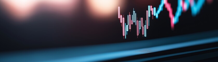 Wall Mural - Fluorescent Stock Market Candlestick Chart on a Computer Screen in Low Light