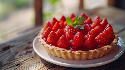 Strawberry tart popular French pastry or Italian Served on a plate placed on a rustic wooden table Seasonal dessert : Generative AI