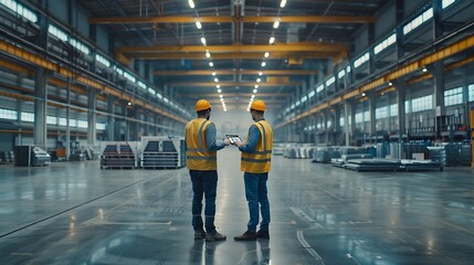 Poster - Industry 40 Modern Factory Two Engineers in Empty Warehouse Use Digital Tablet Computer with Augmented Reality Software For a Room Mapping Doing 3D Factory Floor Layout High Angle Shot : Generative AI