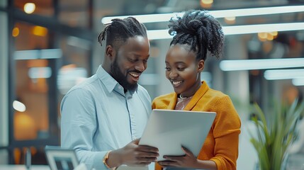 Poster - African american male and female colleague using laptop and talking standing in office copy space : Generative AI