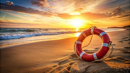 Old red sea life preserver on sandy beach with sunrise background, Crimea, beach, saver, life preserver, protection, equipment