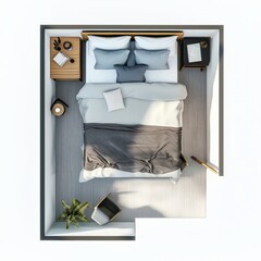 Top down view, 3D Render of a modern guest room with a double bed, minimalist furniture, on isolated white background