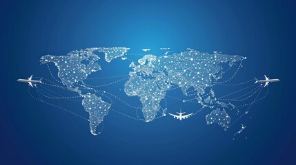 Wall Mural - Abstract vector background featuring flying white airplanes and world map routes on a blue canvas - air travel concept with line art illustration for travel and aviation themes