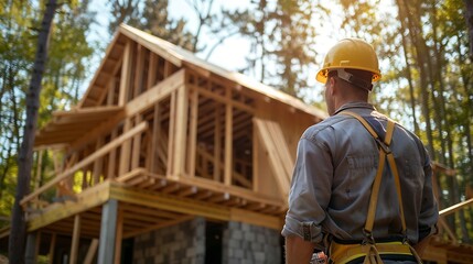 Poster - Worker building wooden twostory house near the forest Man in work clothes and hard hat reviewing the construction plan The aim is to implement modern environmentallyfriendly constructi : Generative AI
