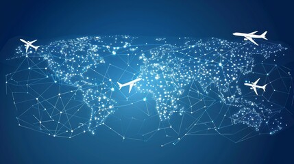 Wall Mural - Abstract vector background featuring flying white airplanes and world map routes on a blue canvas - air travel concept with line art illustration for travel and aviation themes