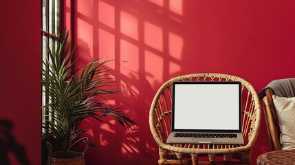 Aufkleber - Laptop computer with blank screen on comfortable rattan chair against red color wall Aesthetic template with mockup copy space Online store blog social media website branding Online sh : Generative AI