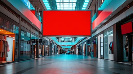 Poster - red blank sign inside shopping mall mock up advertise display frame setting over the clothes line in the shopping department store for shopping business fashion and advertisement conce : Generative AI