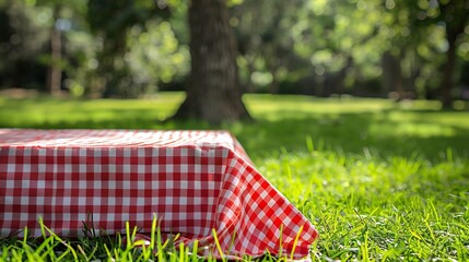 Poster - Red checkered tablecloth on grassempty space blank Food design advertisement template Picnic place Checked cloth Napking laying outdoor : Generative AI