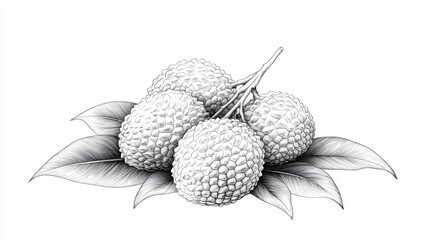 Hand-drawn lychee with fine line art details, minimalist style, white background, delicate and intricate design emphasizing natural form