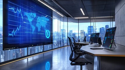 Poster - A futuristic office with holographic screens showing live cryptocurrency exchange rates.