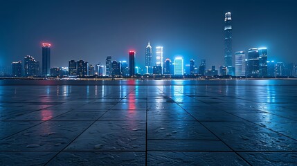 Canvas Print - Empty square floors and city skyline with buildings in Zhoushan at night Zhejiang China : Generative AI