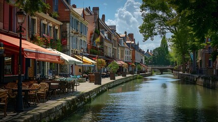 Amiens old town SaintLeu quarter embankment promenade of Somme river street restaurants and cafe typical houses stone bridge in historical city centre France landmarks HautsdeFrance Re : Generative AI