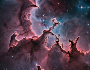 Wall Mural - Colorful space galaxy cloud nebula with fluid organic forms in light crimson and light azure. with starry night cosmos realistic fantasy artwork background.