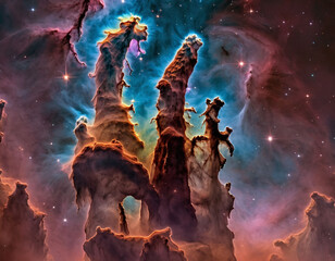 Wall Mural - The Pillars of Creation rise up in the vast cosmic void, cosmos astronomical galaxy photo image