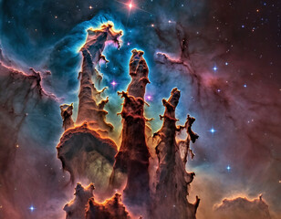 the pillars of creation rise up in the vast cosmic void, cosmos astronomical galaxy photo image