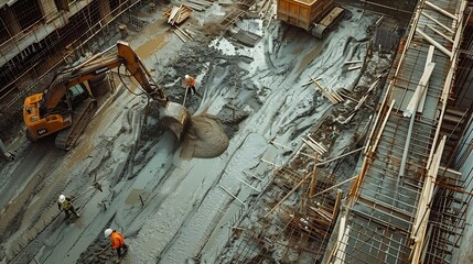 Poster - Construction site of buildings pouring cement Top view new screed concrete with leveling mortar for floors : Generative AI