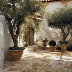 Canvas Print - Mediterranean courtyard with olive trees and terracotta pots.