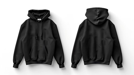 Template blank flat Black hoodie Hoodie sweatshirt with long sleeve flatlay mockup for design and print Hoody front and back top view isolated on white background : Generative AI