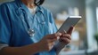 © Generative AI - Closeup of nurse using a tablet at clinic reading a patient report while wearing blue scrubs and stethoscope Caucasian female physician holding digital device for medical research : Generative AI