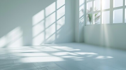 Leinwandbilder - Abstract White Studio Background for Product Presentation with Window Shadows and Sunlight Blurred Backdrop Empty Room With Copy Space : Generative AI