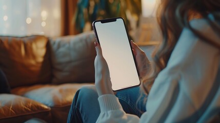 Poster - Mockup image of a woman holding and using mobile phone with blank desktop white screen at home : Generative AI