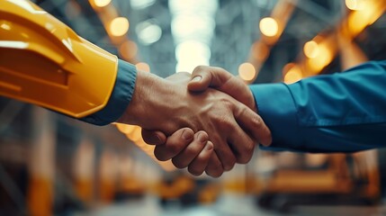 Poster - Construction workers architects and engineers shake hands while working for teamwork and cooperation after completing an agreement in an office facility successful cooperation concept : Generative AI