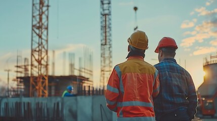 Aufkleber - Engineer and foreman worker checking project at precast factory site Engineer and builders in hardhats discussing on construction site : Generative AI