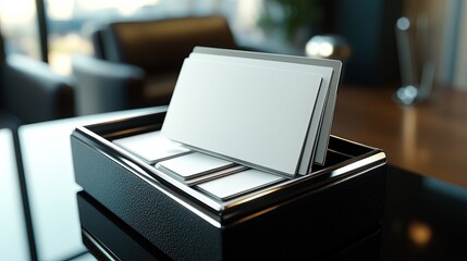 A business card holder filled with sleek, professional cards.