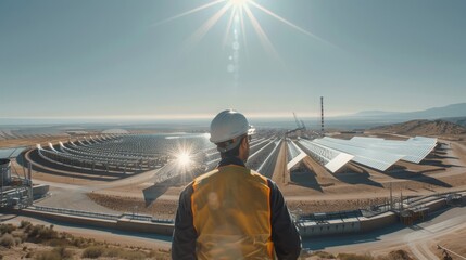 A worker in a hardhat and safety vest stands overlooking a large solar power plant.