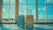© Generative AI - Two Stylish Plastic Luggage Suitcases Standing Near Panoramic Window At Airport Blue And Beige Travel Bags Waiting In Terminal Creative Shot For Transportration And Travelling Concept  : Generative AI