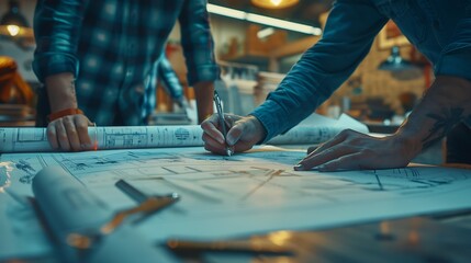 Poster - Brainstorming group of architects and engineers discuss building blueprint design paperwork and drawing construction project planning on wooden table in office Construction project bud : Generative AI