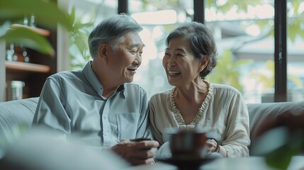 Senior couple coffee and happy on couch in conversation relax and talking in home living room Old man elderly woman and smile for bonding with care love and chat in retirement on sofa  : Generative AI