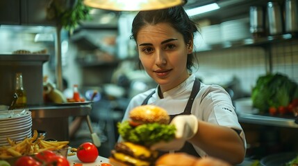 cook prepares vegan burger in her restaurant : Generative AI