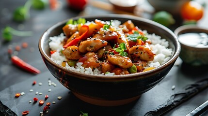 Wall Mural - Crispy cashew Chicken stir fry with rice Asian take away food : Generative AI