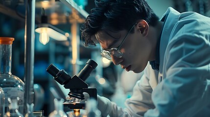 Poster - Scientist analyze biochemical samples in advanced scientific laboratory Medical professional use microscope look microbiological developmental of viral Biotechnology research in scienc : Generative AI