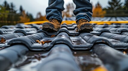 Poster - Repair and replacement of the old roof with a new one Construction worker in protective clothing standing on roof with tools : Generative AI