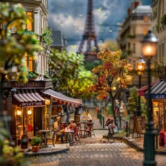 Poster - Miniature Parisian street scene with cafe, tree, and Eiffel Tower in the distance.