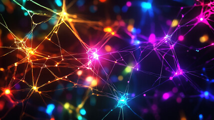 A vibrant, abstract depiction of a network of interconnected lines and nodes illuminated in various neon colors. The lines are thin and strand-like, creating an intricate web of connections against a 