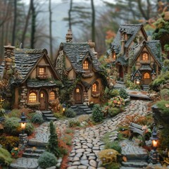 Canvas Print - Miniature village with stone houses and cobblestone path.