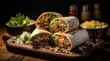 Wall Mural - a sumptuous serving of beef burritos loaded with freshly grounded beef, vegetables, tomatoes and leafy greens