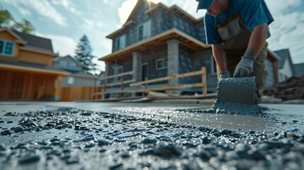 Poster - Man working on smoothing concrete driveway for the new home build at construction site Architecture and exterior structure base progress safety foundation pavement ground Real estate i : Generative AI
