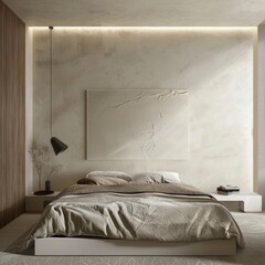 Sticker - Minimalist bedroom interior with a beige bed, a hanging lamp, and a large textured artwork on the wall.