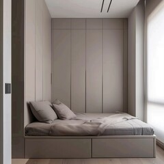 Sticker - Minimalist bedroom with a bed against a wall of built-in closets.