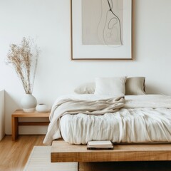 Sticker - Minimalist bedroom with a bed, nightstand, and a framed abstract artwork.