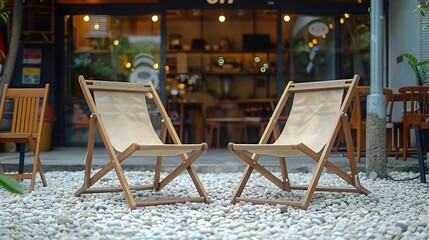 Wall Mural - The couple picnic chair on the white pebble floor in front of the small coffee shop front view with the copy space : Generative AI