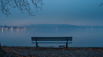 Germany BadenWurttemberg Radolfzell Empty park bench on shore of Lake Constance at dusk : Generative AI