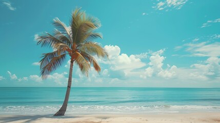 Aufkleber - Palm tree on tropical beach with blue sky and white clouds abstract background Copy space of summer vacation and business travel concept Vintage tone filter effect color style : Generative AI