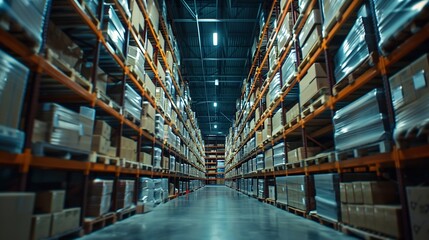 Poster - Large storage warehouse There is a walkway in the middle between the shelves : Generative AI