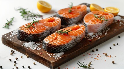 Poster - Wooden board with raw salmon steaks and different spices on white background : Generative AI